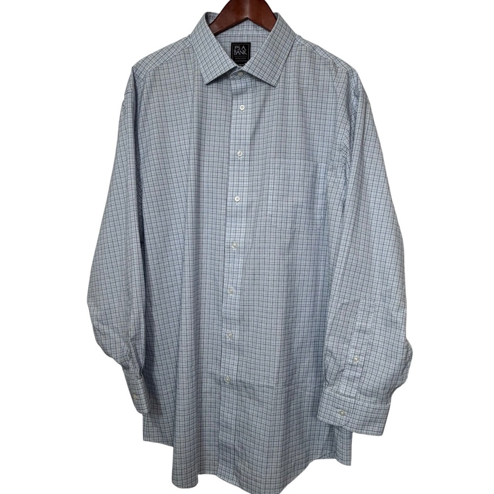 Jos A Bank Traveler Mens‎ 18 34 Tailored Fit Blue Check Cotton Dress Shirt